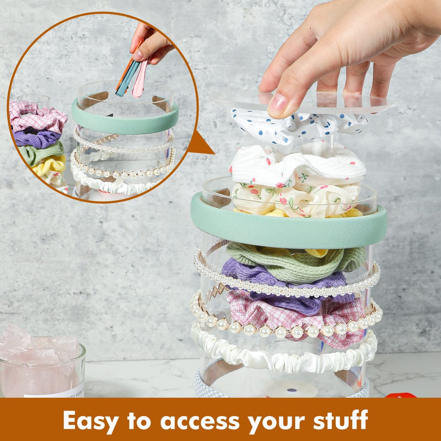 Kamehame Headband and Scrunchie Holder, Bottom Can Place Small Hair Accessories, Clear Acrylic Organizer for Hair Accessories, Hair Clips, Hair Ties, Bows, Pins and More