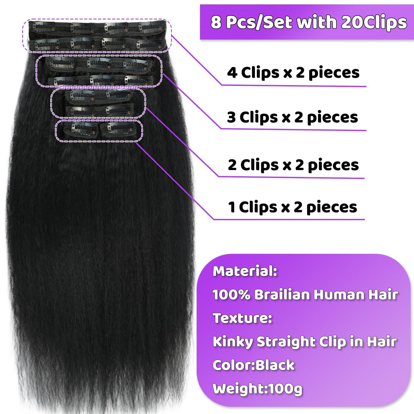 Clip in Hair Extensions Real Human Hair 12 inch Kinky Straight Clip ins For Black Women Remy Human Hair Extensions Clip ins Natural Color 8pcs 20 Clips 100g/Set