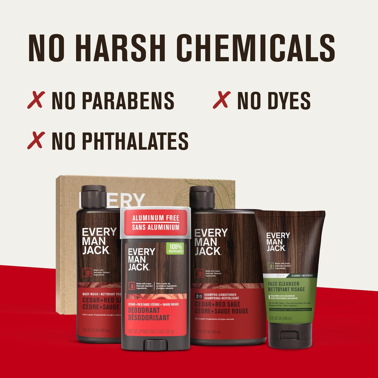 Every Man Jack Men's Bath and Body Gift Set - Cedar & Red Sage Scent - Clean Ingredients - Includes Hydrating Body Wash, 2-in-1 Shampoo, Aluminum-free Deodorant & Face Wash