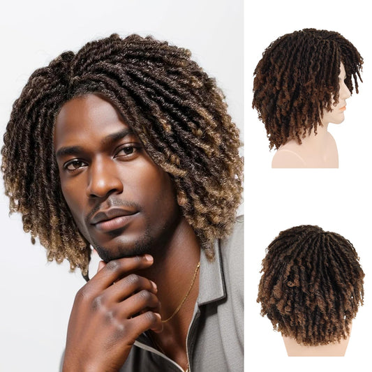GNIMEGIL Ombre Brown Dreadlocks Wigs for Men Medium Length Afro Hairstyle Fake Braids Wig with Bangs in Synthetic Hair T1B/30 Color Dreads Wig Braided 14 inch