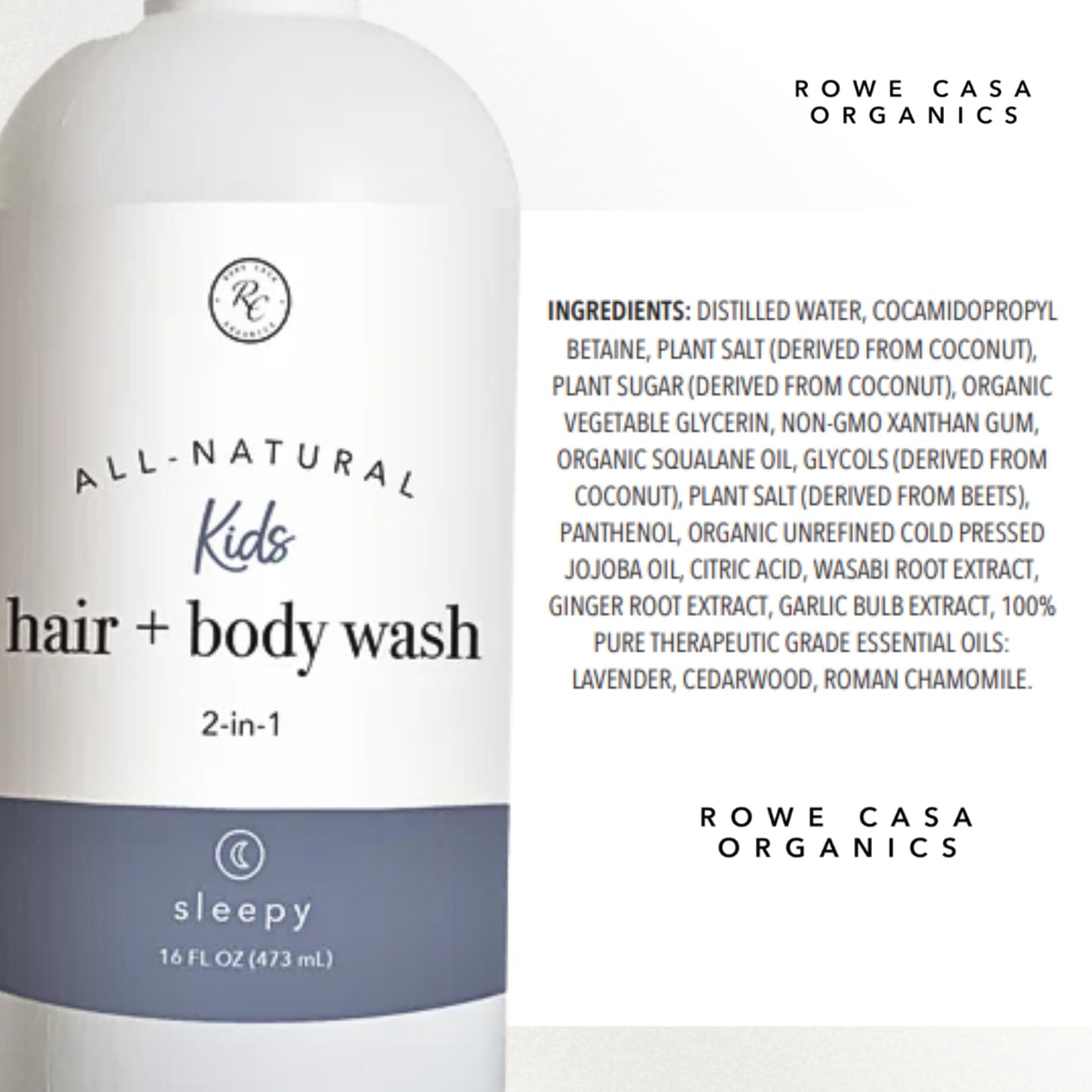 Rowe Casa Organics 2-in-1 Kids Hair & Body Wash with Therapeutic Essential Oils – Sleepy Kids Shampoo & Body Wash with Floral, Relaxing & Calming scent – 16 Fl. Oz