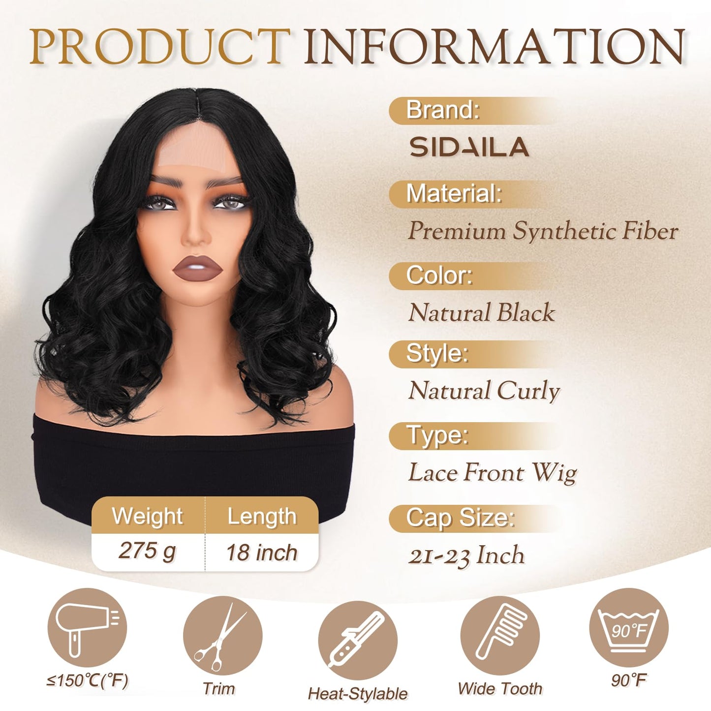 Sidaila Wigs for Women，Synthetic Lace Hairline Heat Resistant Body Wave Wig，14 Inch Shoulder Length Bob Style Wig Layered Natural Curly Hair Wigs for Women for Daily Party Use - 1B# Black