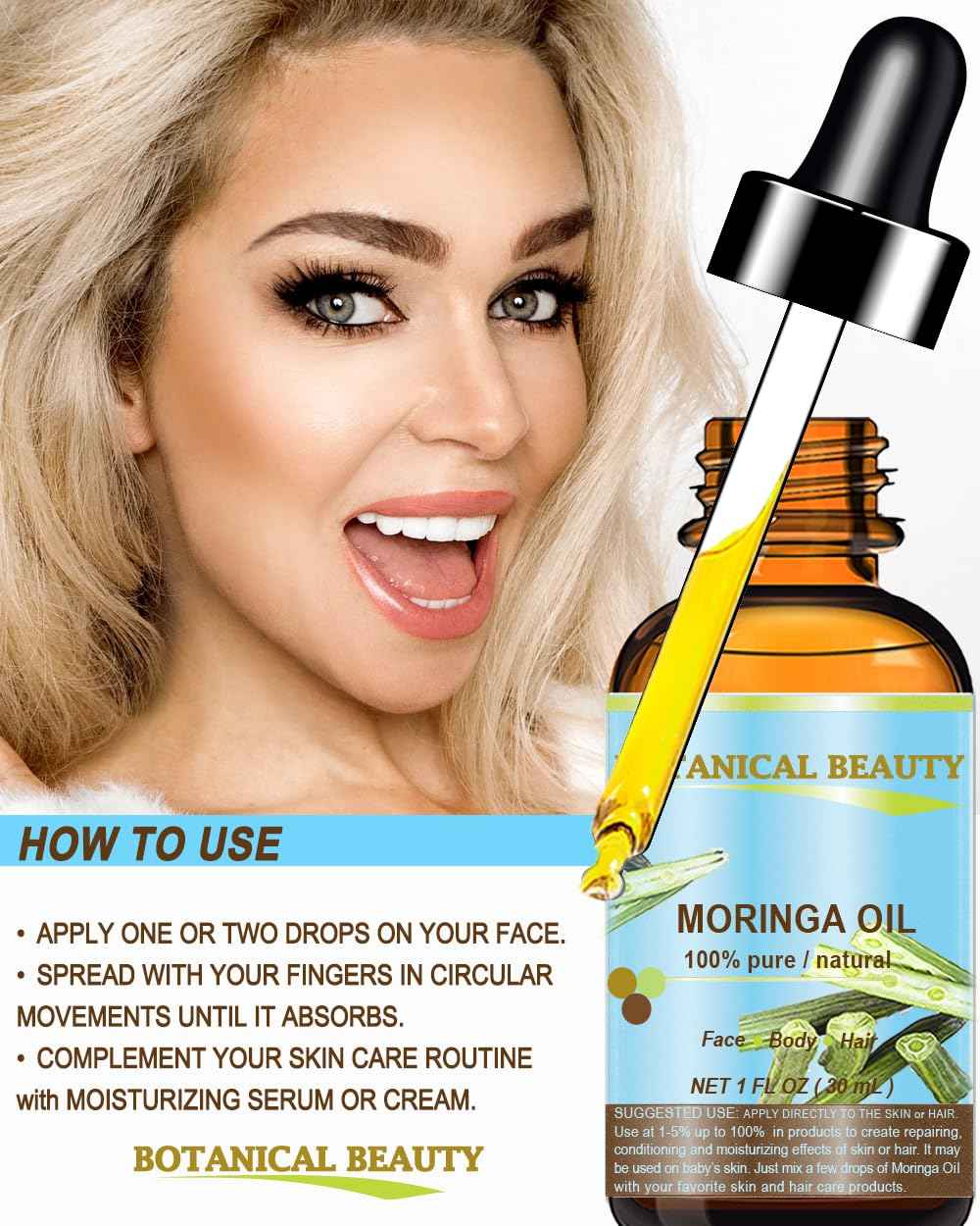 Botanical Beauty‎ Moringa Oil 100% Pure Natural Undiluted Cold Pressed Carrier Oil. 1 Fl.oz.- 30 ml. for Face Skin, Hair, Lips, Nails. Rich in Vitamin C, Vitamin E