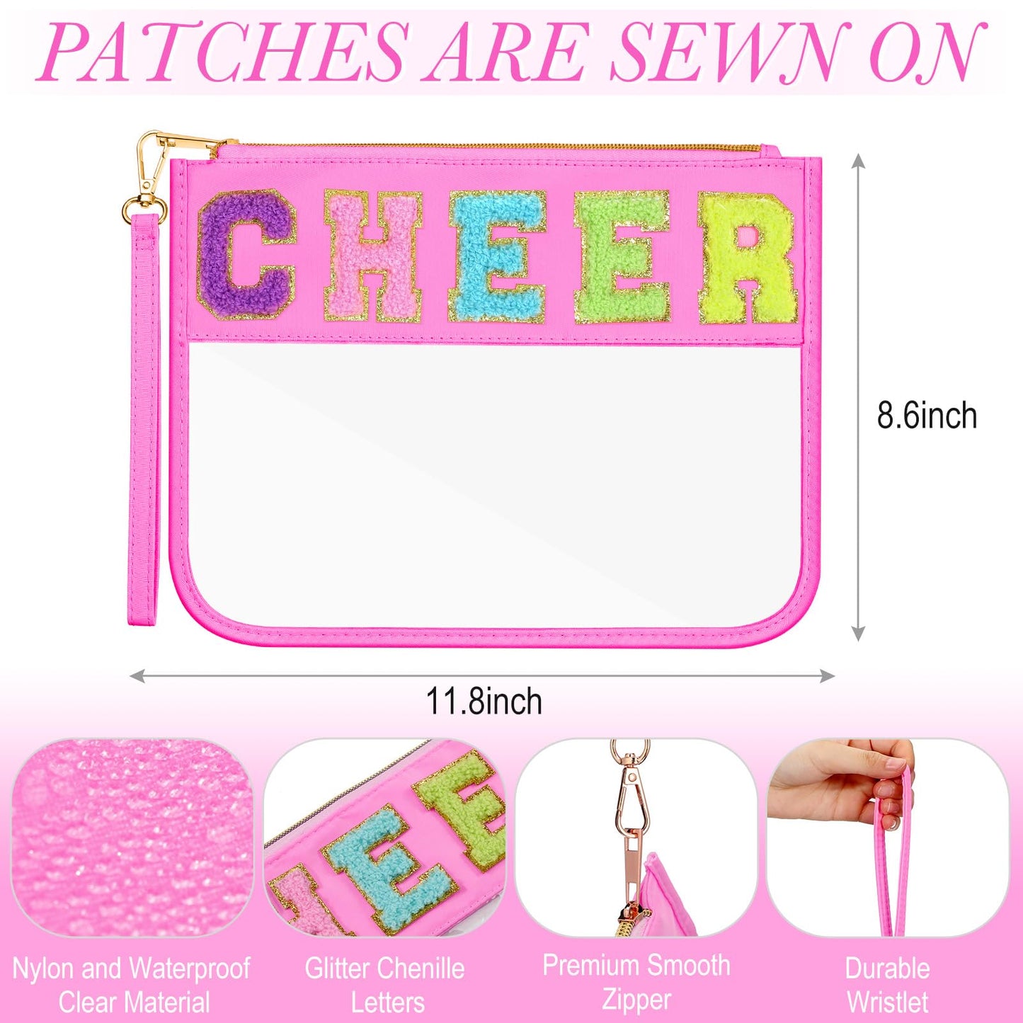 Abbylike 12 Pcs Cheer Bags Cheerleaders Gifts Chenille Letter Makeup Bag Clear Snack Bag with Zipper Waterproof Travel Cosmetic Pouch Bulk for Team Cheerleading Women Mom(Pink)