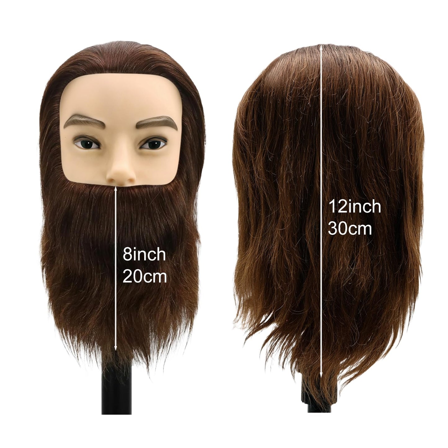 Male Mannequin Head,Training Head with 100% Human Hair 12inch Barber Mannequin Head Male Mannequin Head With Beard for Hair Styling, Practicing Cut Styling（With Beard, Brown）