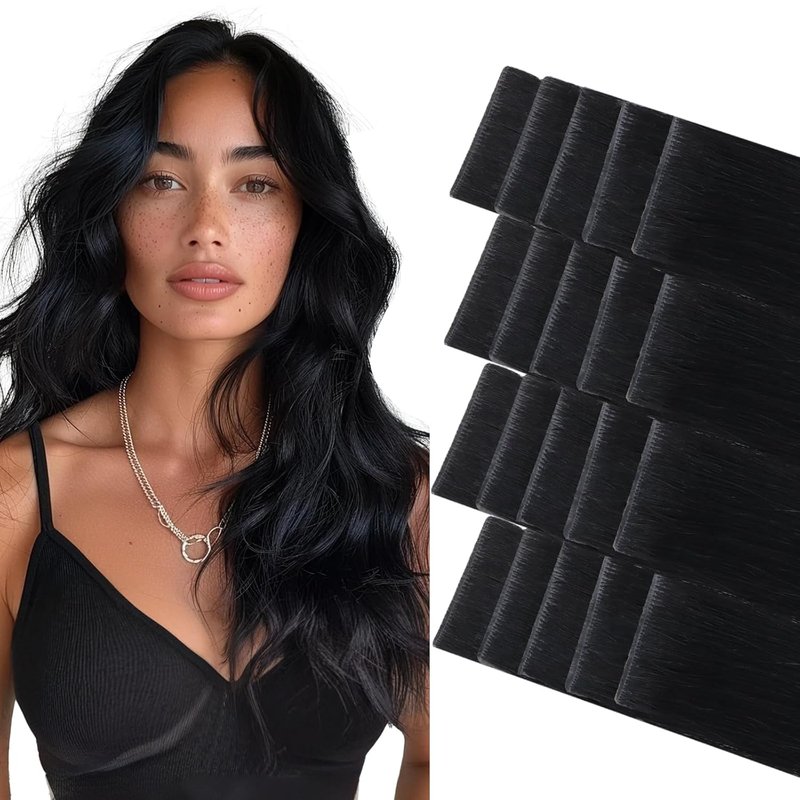 Invisi Edge Tape Hair Extensions - 20pcs Jet Black 14" Virgin Remy Human Hair | Seamless & Natural Look