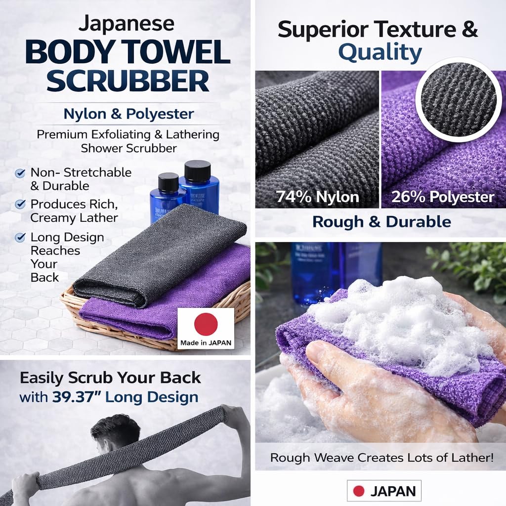 Extra Rough, Exfoliating Washcloth [Made in Japan] Exfoliating Towel Special texture makes Fluffy Foam lather, Back Scrubber, Dead Skin Cell Remover [Loofah for Women and Men] (2pcs set)