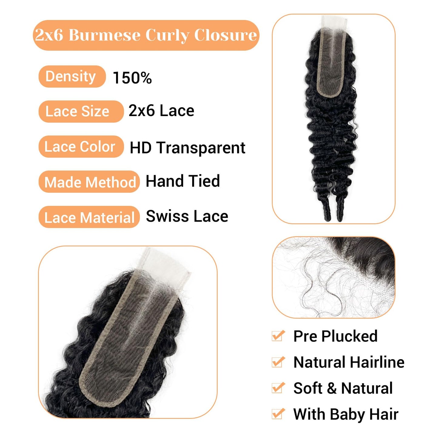 2x6 Closure Human Hair 16 Inch HD Transparent Lace 2x6 Burmese Curly Closure Middle Part Brazilian Human Hair Closure With Baby Hair Natural Black