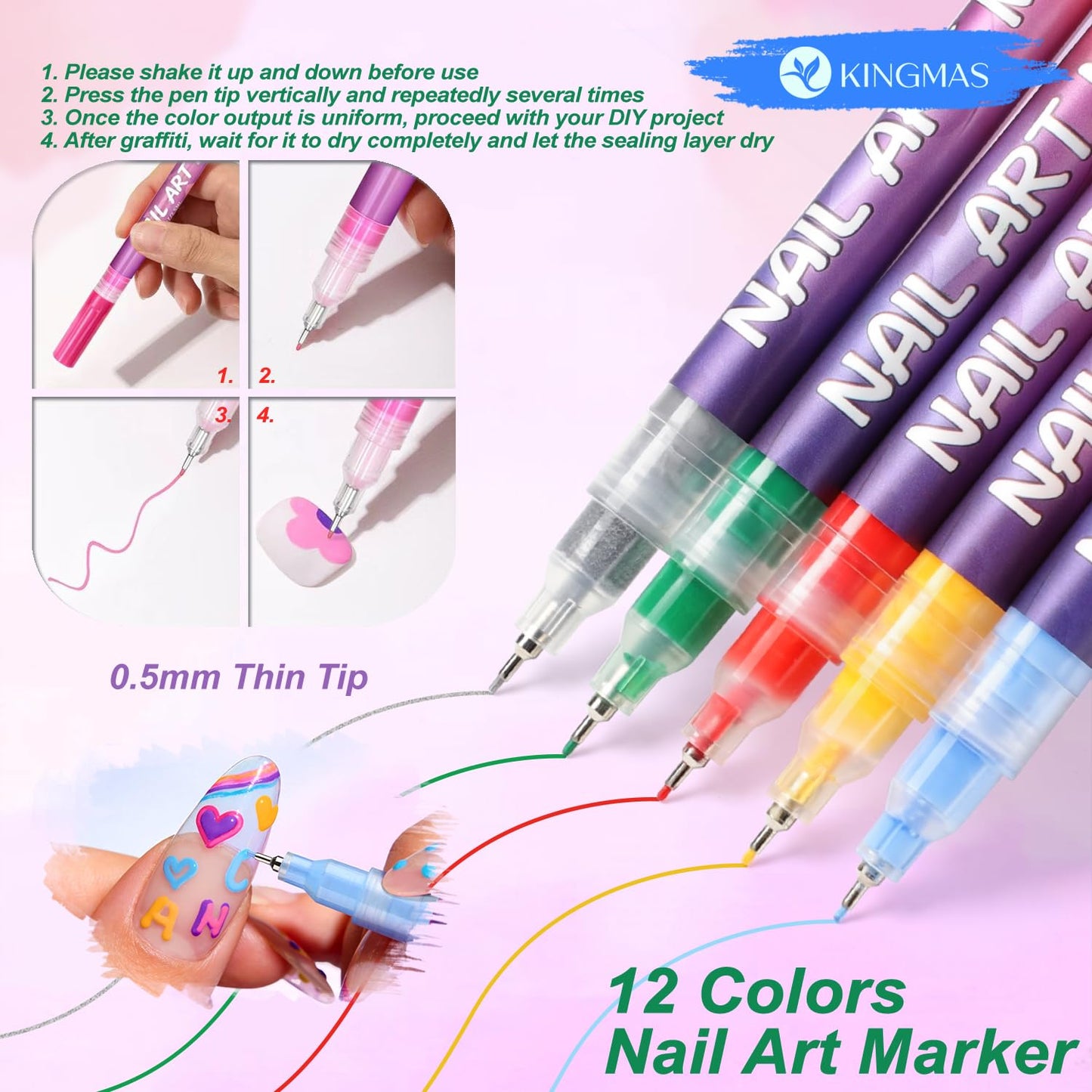 KINGMAS 12 Color Nail Art Pens, 0.5mm Nail Polish Marker Set, Drawing Painting Point Liner Acrylic Painted Pen Kit, Waterproof and Quick-drying for DIY Nails Art Design Manicure Tools