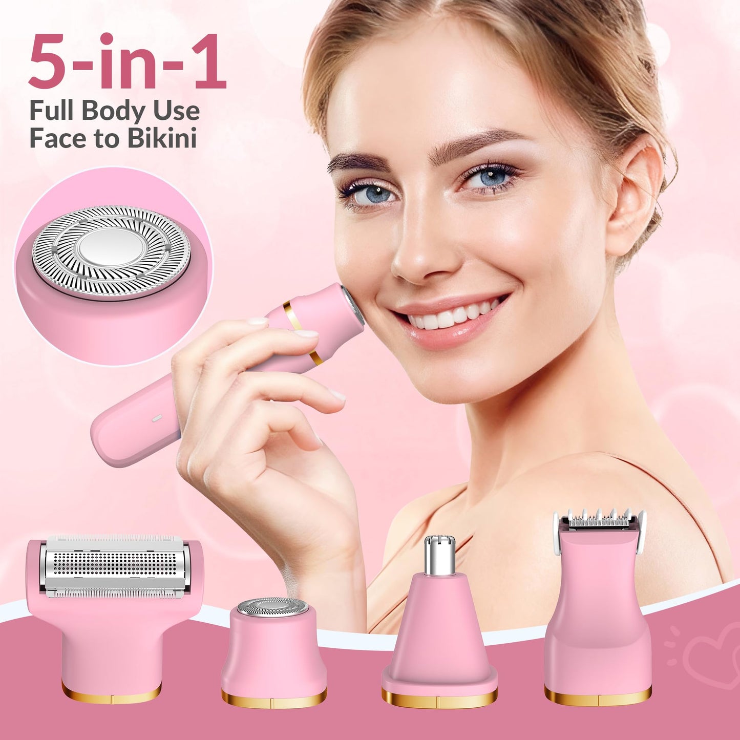 KINGTEE 5-in-1 Electric Bikini Trimmer for Women – IPX7 Waterproof Shaver, Cordless Body & Facial Razors for Women, Ceramic Blades, USB-C Rechargeable, Painless Hair Removal Kit (Pink)