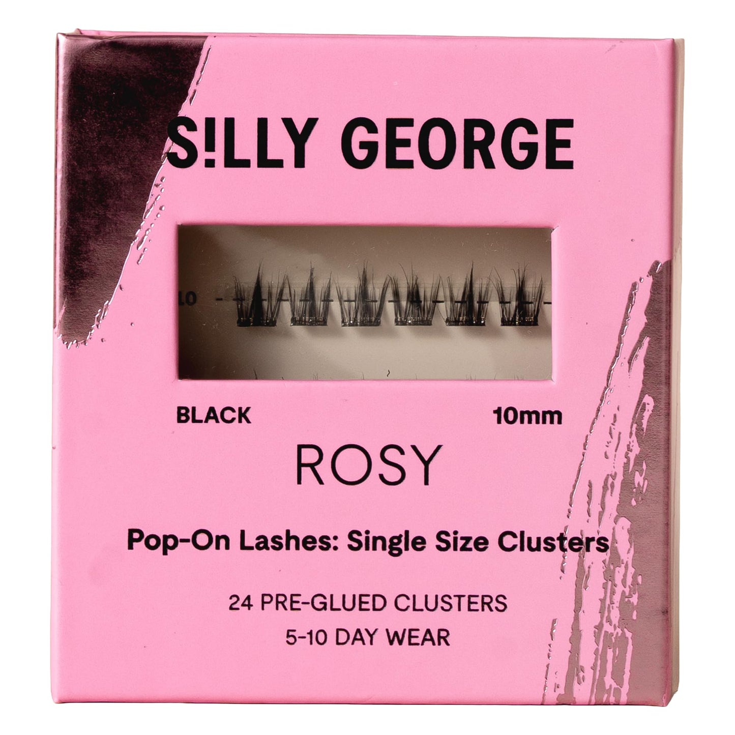 Silly George Single-Size Pop-On Lashes - DIY 1-Step Pre-Glued Faux Eyelash Cluster Kit, Natural Look Extensions, Pack of 24 Individual Clusters, Black - Rosy, 10mm
