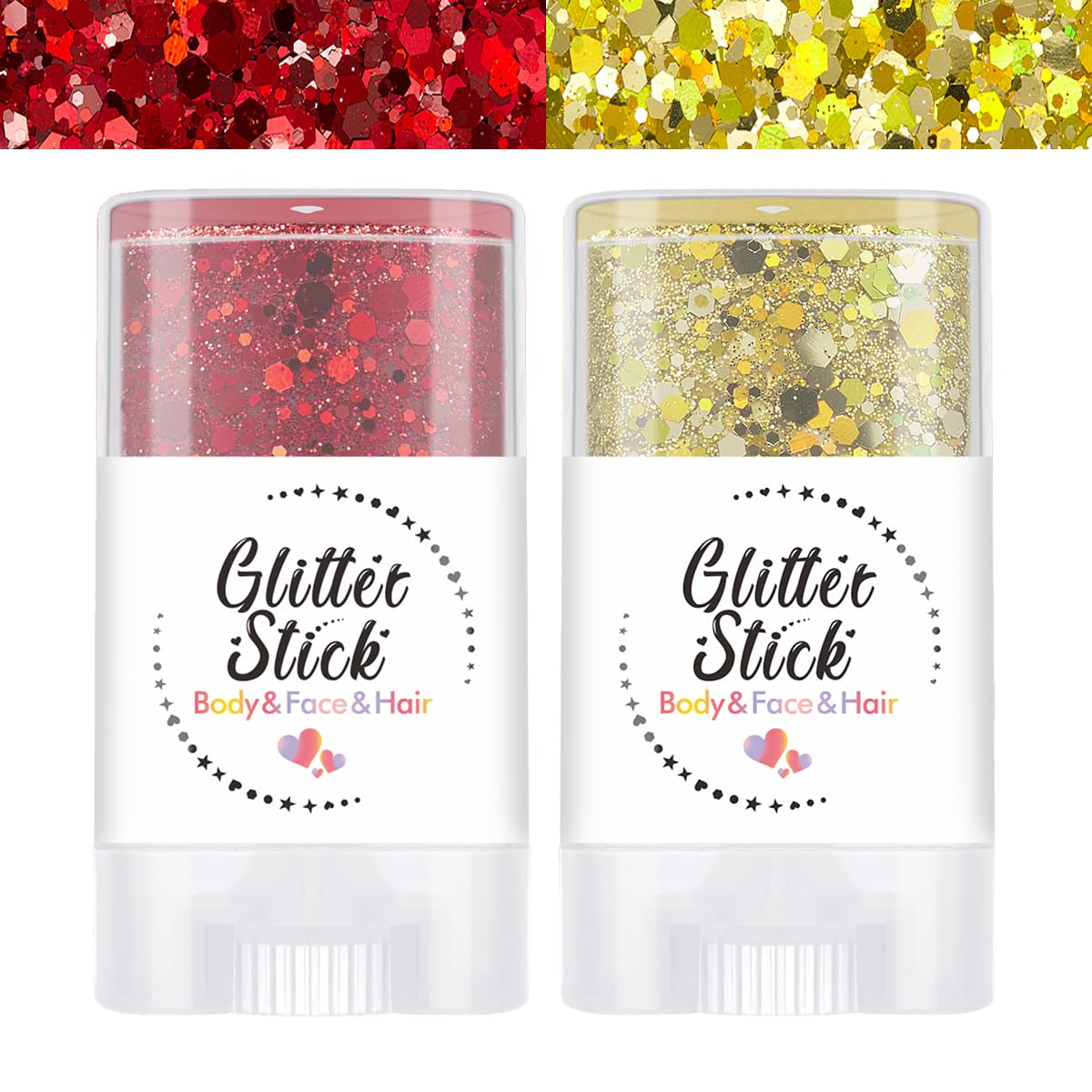 Body Glitter Stick for Face, Body & Hair - Red & Gold Chunky Sparkle Glitter, 2 Pack | Long Lasting Party Makeup for Festival, Rave, Concert & Cosplay