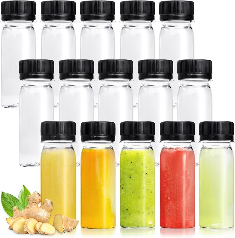 30 Pcs 2 Oz Small Plastic Bottles - Reusable Ginger Shot Containers for Juice, Liquor, DIY | Black Cap