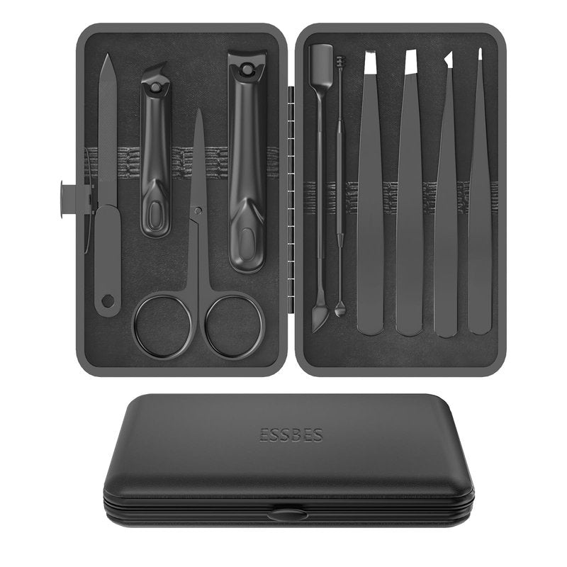 ESSBES Manicure Set 10 in 1 Stainless Steel Nail Clippers Scissors Tweezers Grooming Kit with Travel Case (Black)