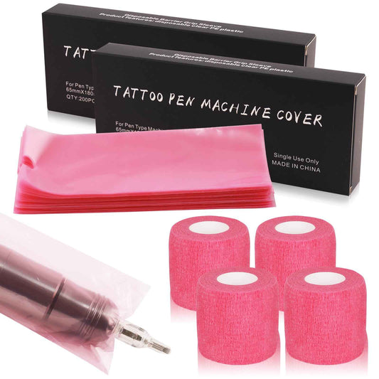 Tattoo Machine Pen Covers with Grip Tape Wrap - Narkysus 400Pcs Pink Machine Sleeves 2.5"x7.1" Large Tattoo Pen Bags and 4Pcs Pink Tattoo Gun Wrap Tattoo Supplies for Women and Studio Use