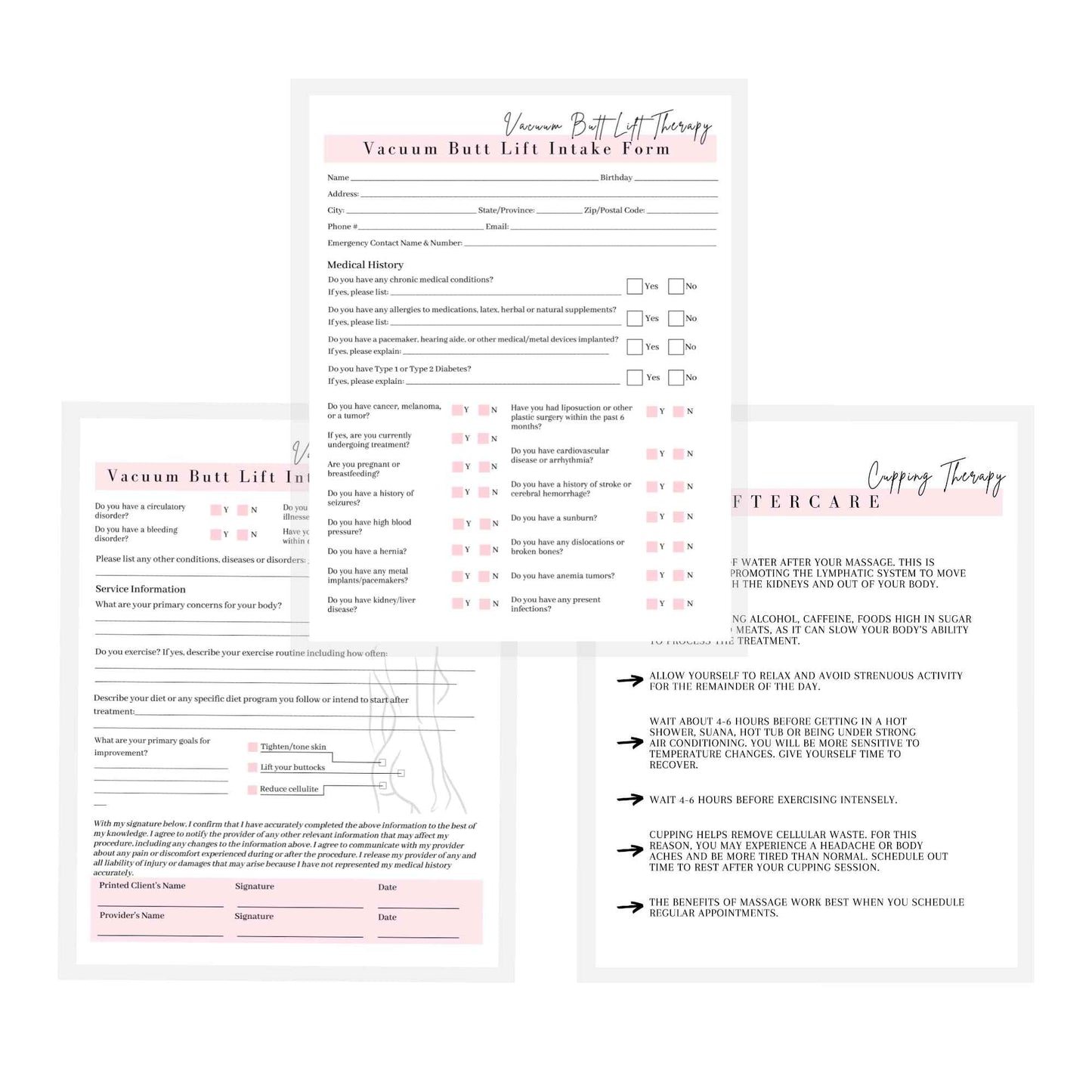 Vacuum Butt Lift Therapy Intake, Consent, and Aftercare Form | 75 Pack | 8.5x11" inch Paper Size Form | Eyelash Extension Supplies | Client Signature | Butt Lift Cupping | White and Pink Design