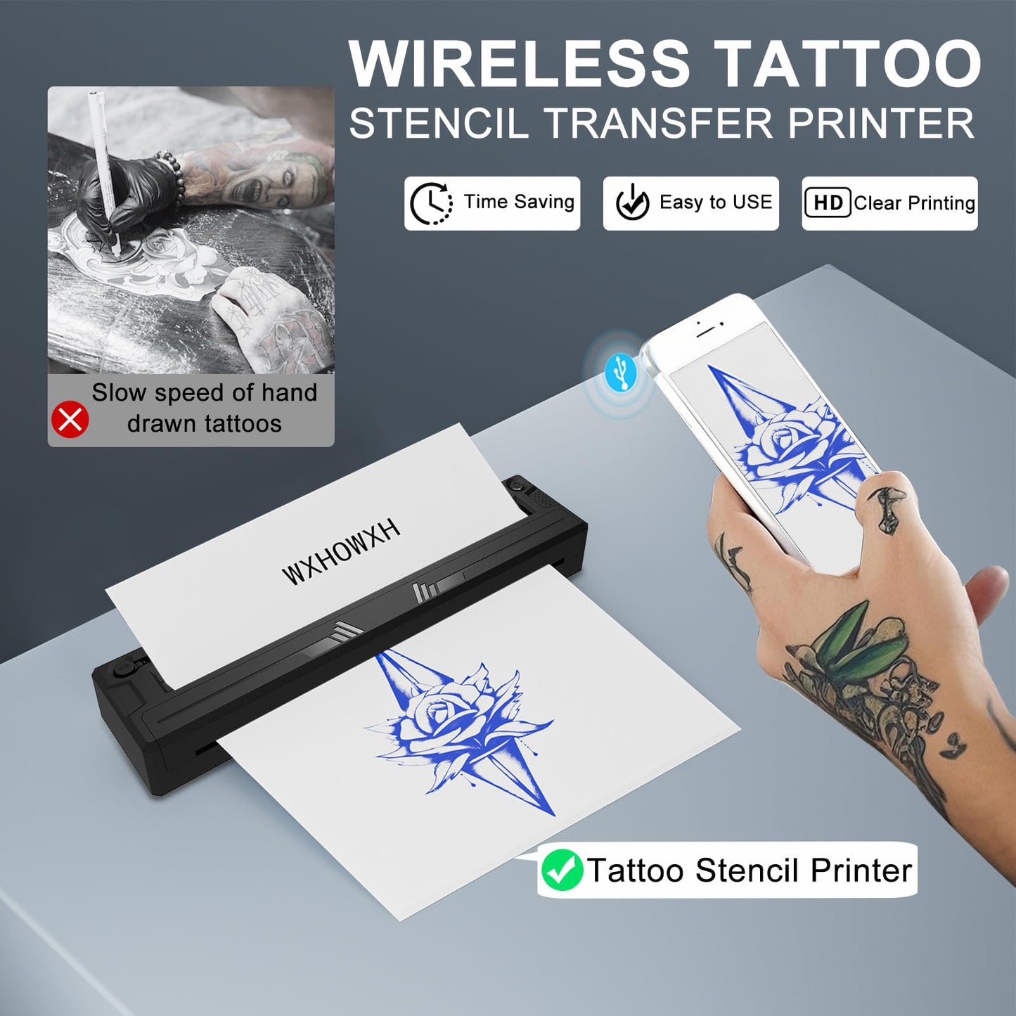 WXHOWXH Tattoo Stencil Printer,Tattoo Machine for Artists&Beginners,Without Transfer Paper,Portable Wireless Bluetooth Printer Compatible with Phone&PC