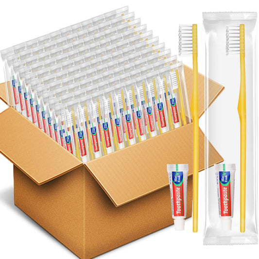 HOFASON Disposable Toothbrushes with Toothpaste Pack of 200, Bulk Travel Toothpaste and Toothbrush Set Yellow Hollow Toothbrush 5g Tooth Paste Individually Wrapped for Homeless Shelter Charity Hotel