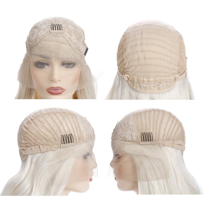 morvally 24" Long Wavy 60# Platinum Blonde Glueless Lace Front Wig Free Part Natural Straight Heat Resistant Synthetic Hair Wigs