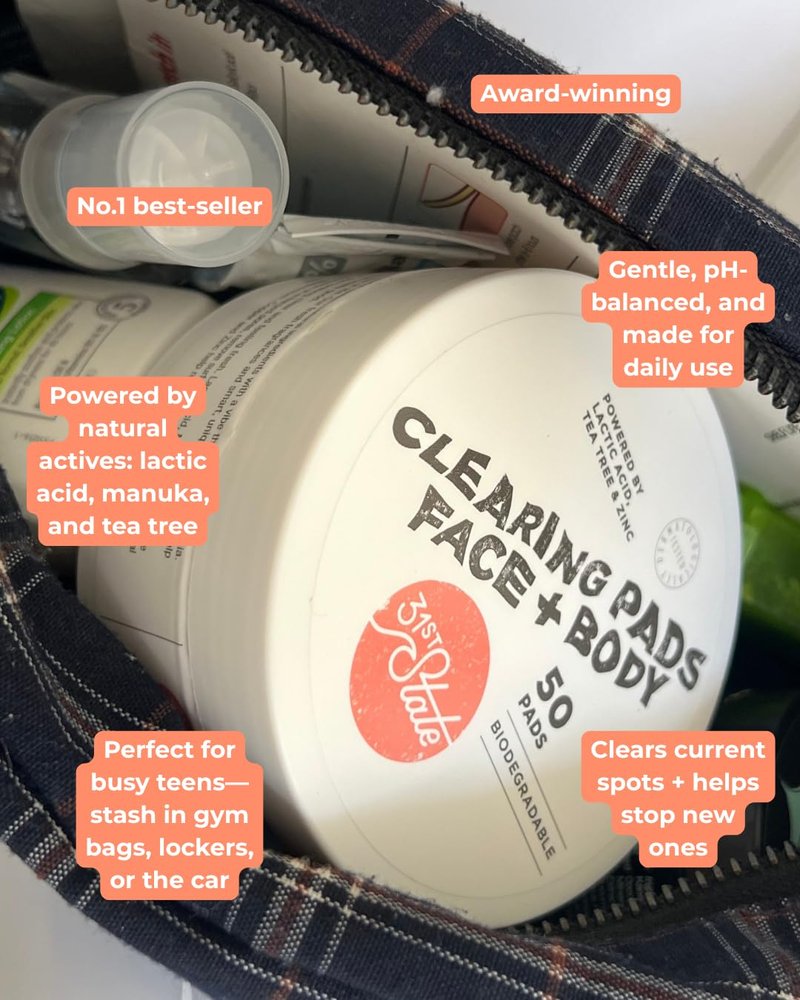 31st State Face & Body Acne Pads, Acne Treatment for Teens. Vegan, Paraben Free, Gluten Free. 50 Wipes