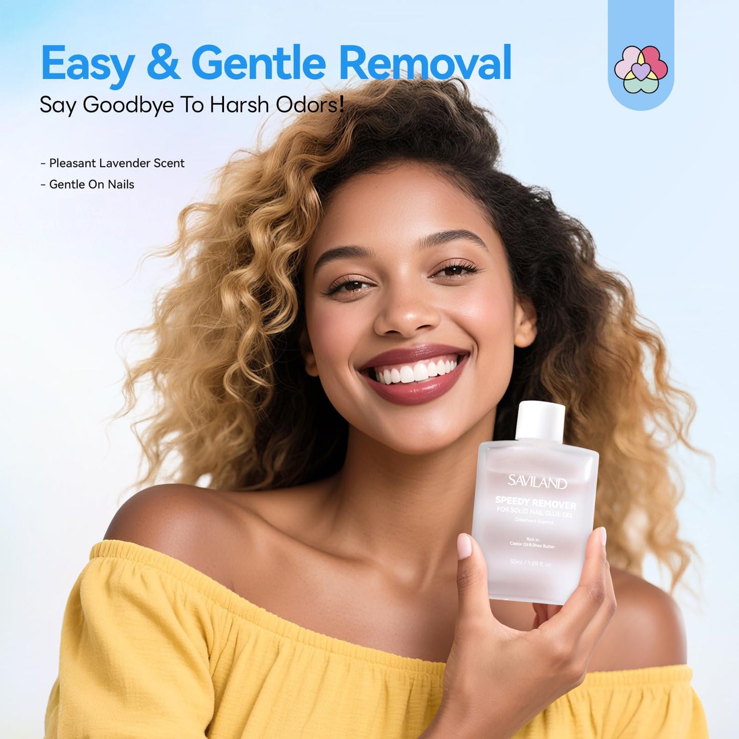 SAVILAND Nail Glue Remover for Press on Nails: 50 ML Solid Gel Glue Remover for Nail Tips, Quick Gentle Removal with Castor Oil VE, Non-Drying Odor-Free Non-Acetone Glue Remover Not for Gel Polish