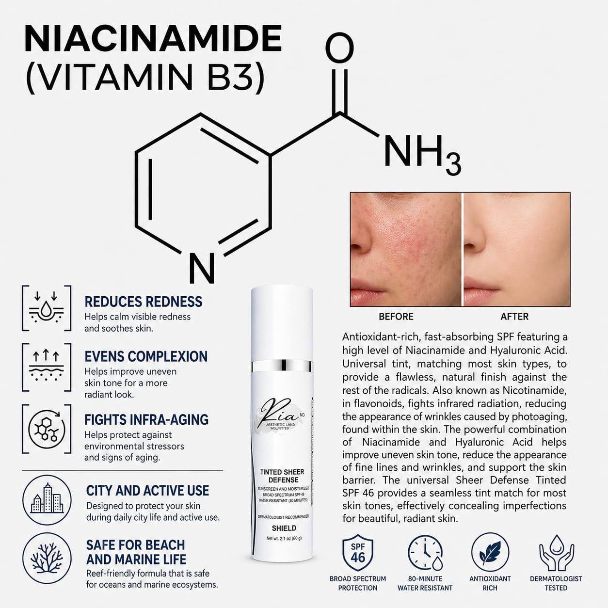 Ria Universal Tinted Sheer Defense Moisturizer SPF 46 Hydrating Dewy Tinted Sunscreen for Face with Zinc Oxide & Octinoxate Niacinamide & Hyaluronic Acid Broad Spectrum Lightweight Daily SPF, Smooth