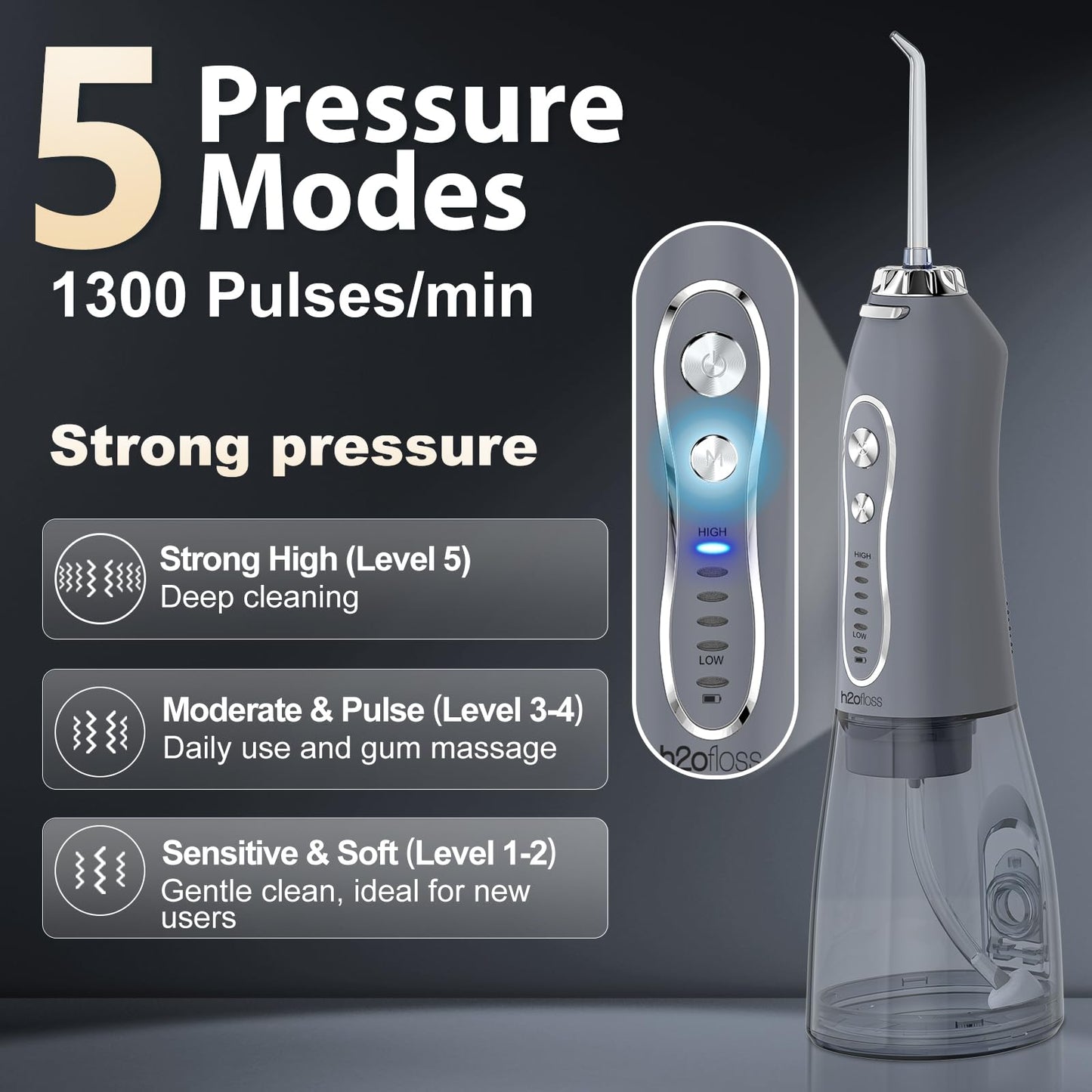 H2ofloss Water Dental Flosser Pick for Teeth: 5 Modes Cordless Portable 300ML Larger Tank Water Teeth Cleaner IPX7 Waterproof Flossing Cleaning Picks for Home Travel Gray