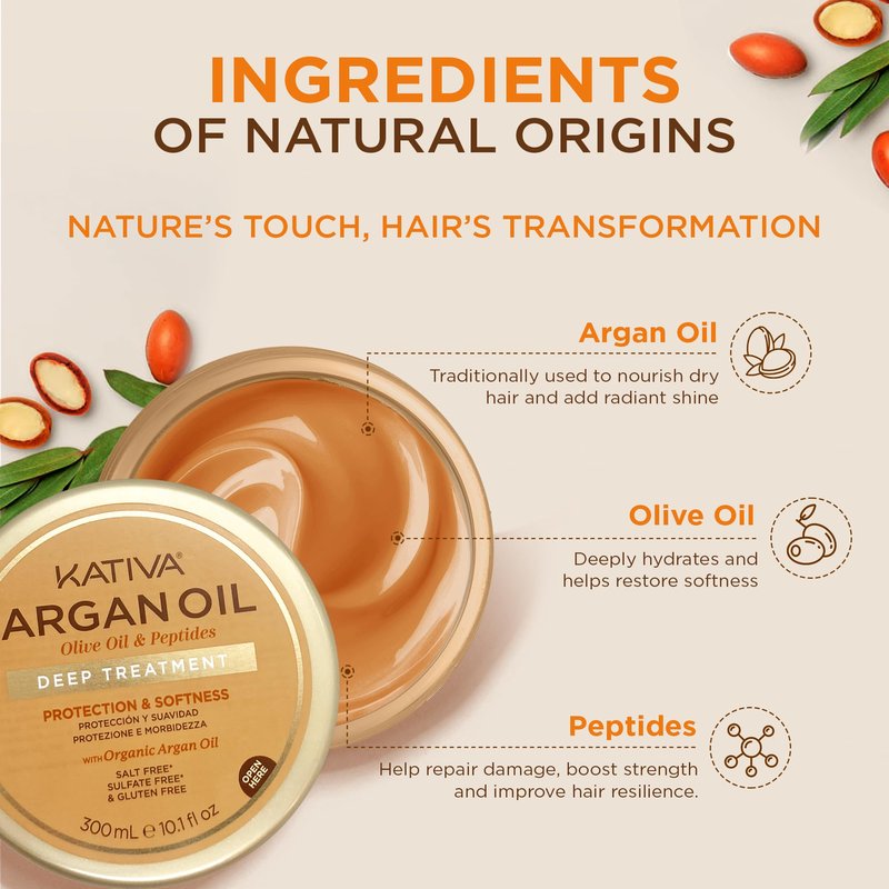KATIVA Argan Oil Hair Mask 2-Pack (10 oz Each) – Deep Conditioning Treatment with Organic Argan Oil, Olive Oil & Peptides – Hydrating Repair for Dry, Damaged Hair – Sulfate-Free, Vegan