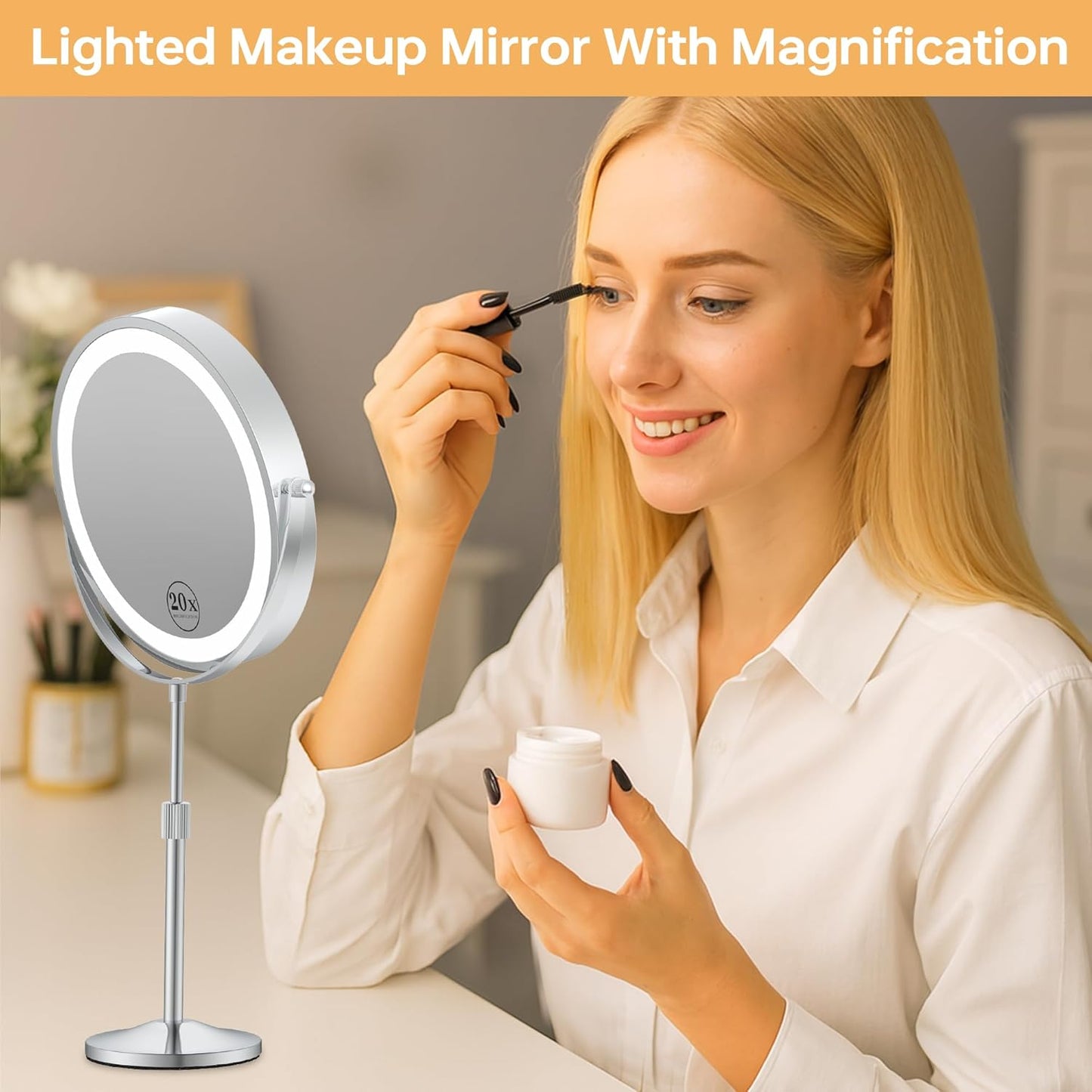 Lighted Makeup Mirror - Height-Adjustable 1X/20X Magnification | 360° Swivel, Dimmable 3 Color Options, Perfect Gift for Women