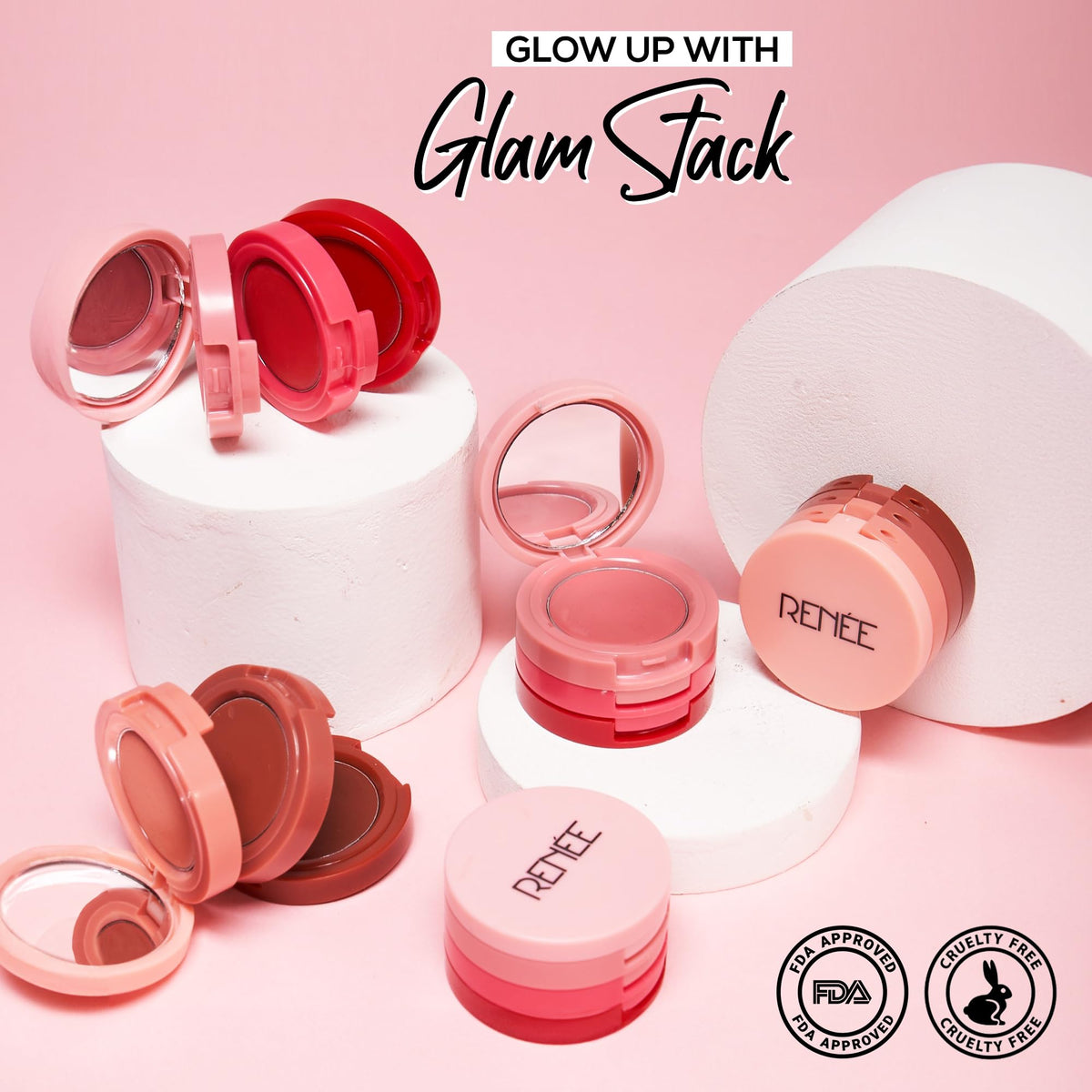 RENEE Glam Stack 3-In-1 Lip & Cheek Tint - 4.5g - 3 Shades in 1, Rich Creamy Natural Seamless Finish, Smooth & Blendable Formula - Travel Friendly, Quick & Easy to Use (Pink, 4.5 Grams)