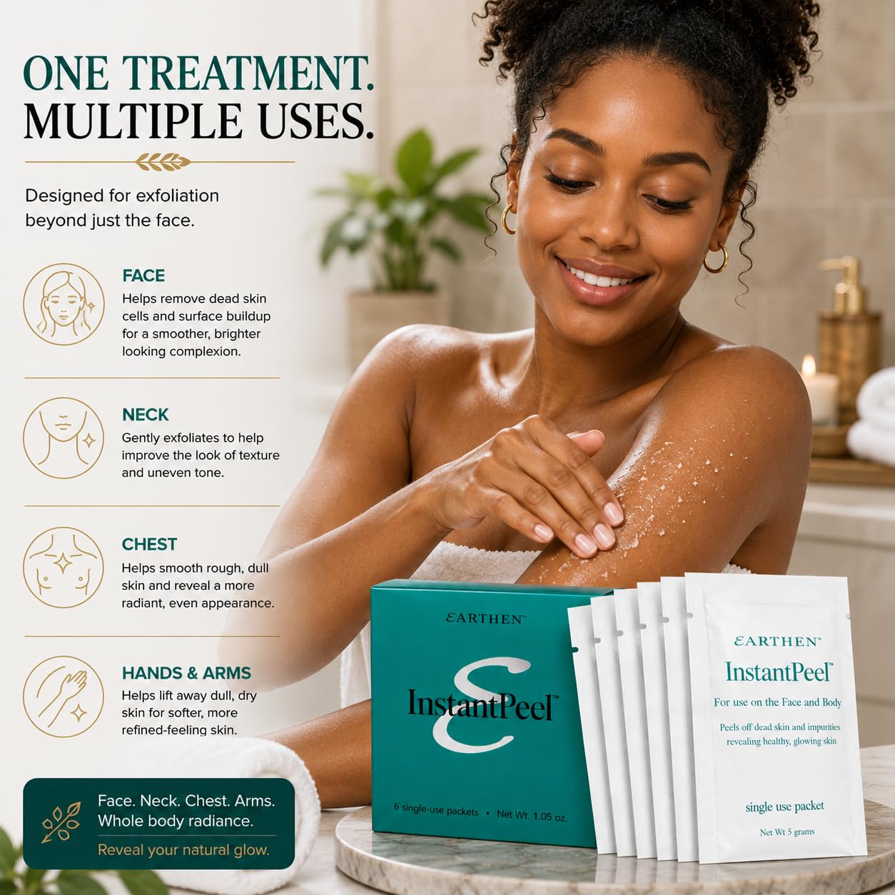 Earthen Instant Peel Exfoliating Packets 2 Pack – Gentle Face & Body Exfoliator for Smooth, Glowing Skin – Removes Dead Skin Cells Without Harsh Acids – Single Use Treatment, 12 Count Total