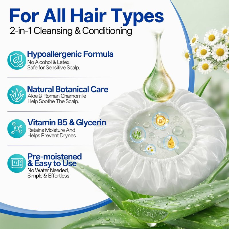 Shampoo Caps No Water Rinse Microwavable | Waterless Rinse Free Shampoo Cap Hair Washing for Bedridden Patients Post-Surgery Elderly Care, Camping | PH Balanced, Portable, Easy to Use-8 Pack