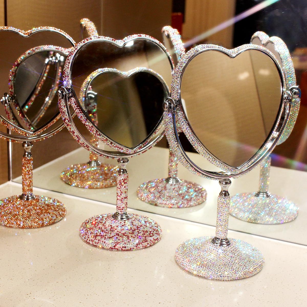 Bestbling Luxury Bling Double-Sided Tabletop Makeup Mirror, Heart Shape Metal Makeup Mirror with 1:2 Magnifying Mirror, Rotating Mirror (Silver)