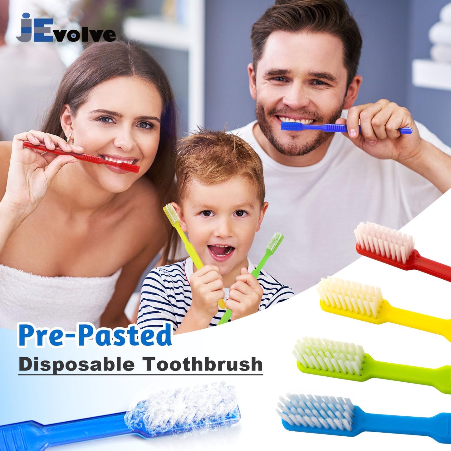 JEVOLVE 200 Pcs Disposable Pre-Pasted Toothbrushes | Individually Wrapped Pre Pasted Toothbrush | Single Use Waterless Tooth Brush for Hotel, Camping, Homeless Gift | Multi Color