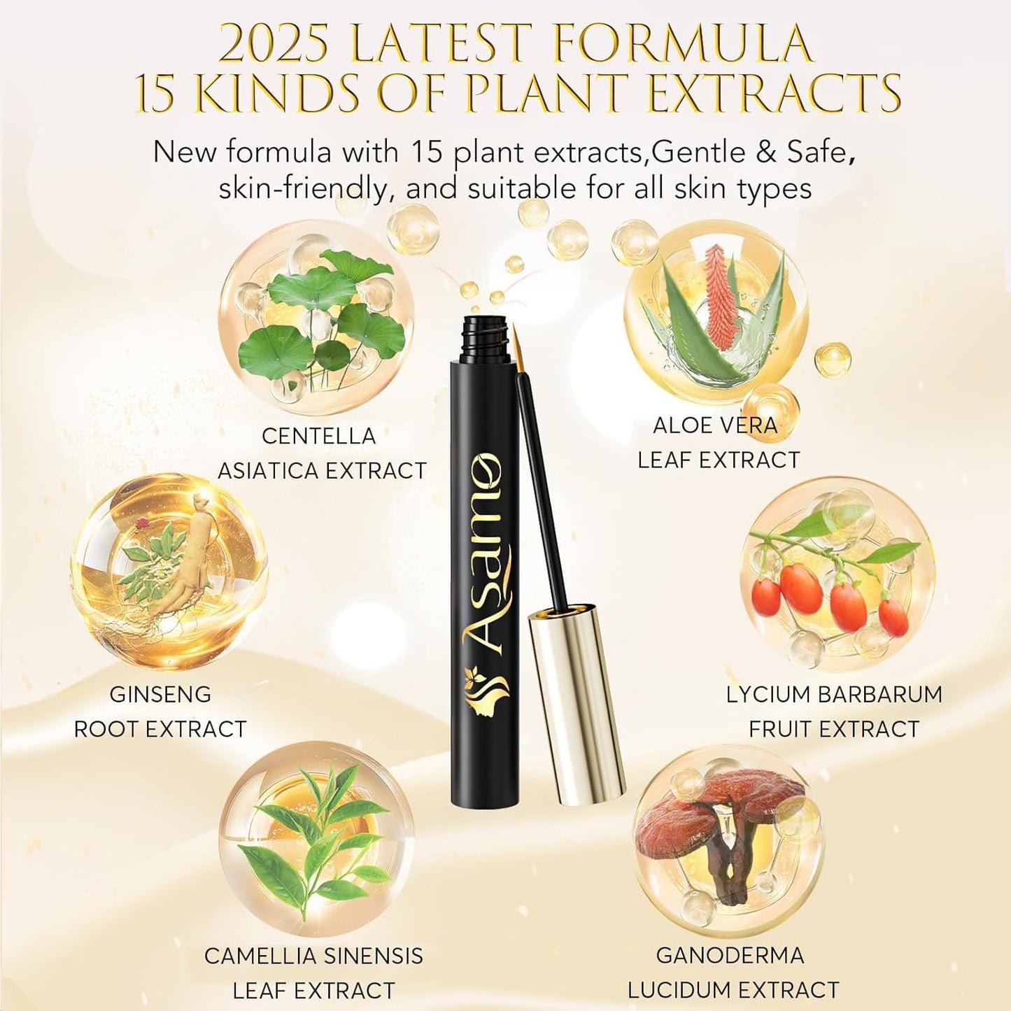 Eyelash Growth Serum – 15 Plant Extracts for Longer, Denser & Robust Lashes,Boosts Natural Lash Development,eyelash serum,Enhance Natural Beauty, Hypoallergenic Oil Free,lash growth serum（Bright Gold）
