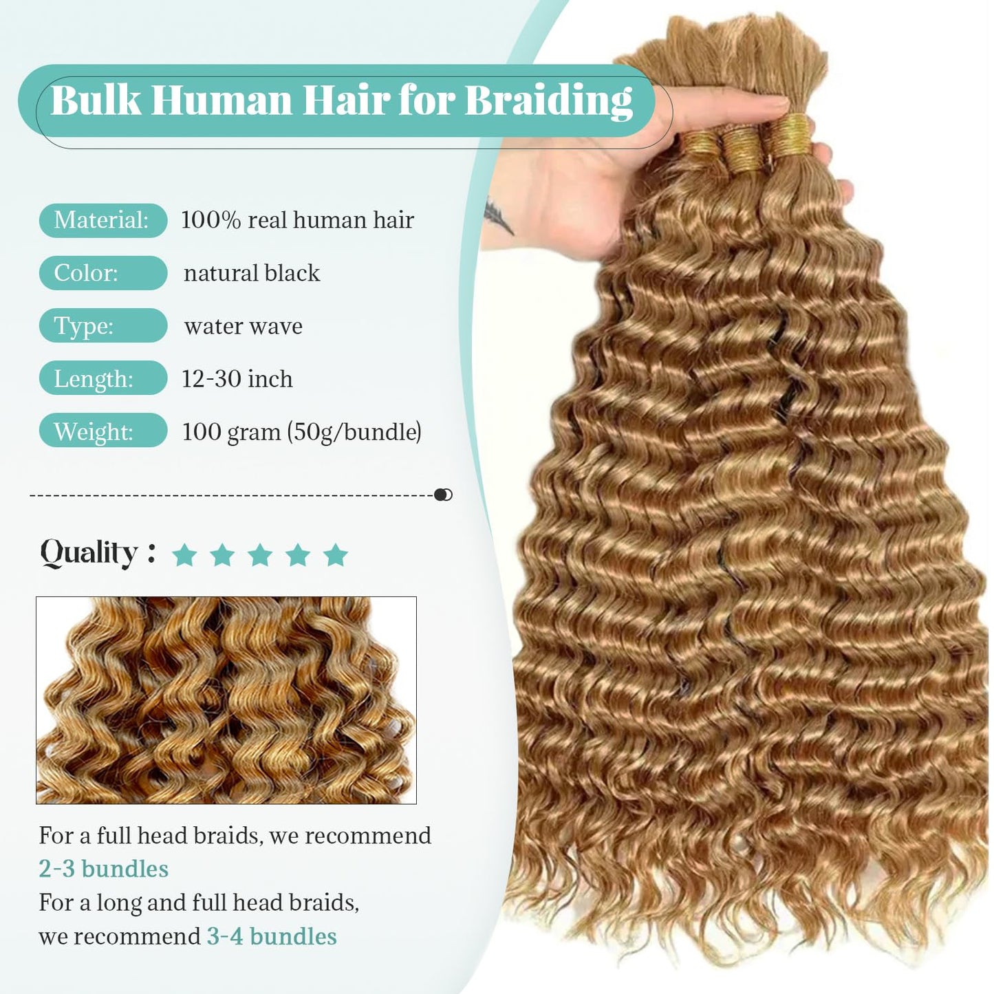 Deep Water Wave Bulk Human Braiding Hair #27 Honey Blonde Curly Braiding Hair for Boho Braids 18 Inch 100G 2 Bundles No Weft Wet and Wavy Brazilian Virgin Human Hair Extensions for Black Women