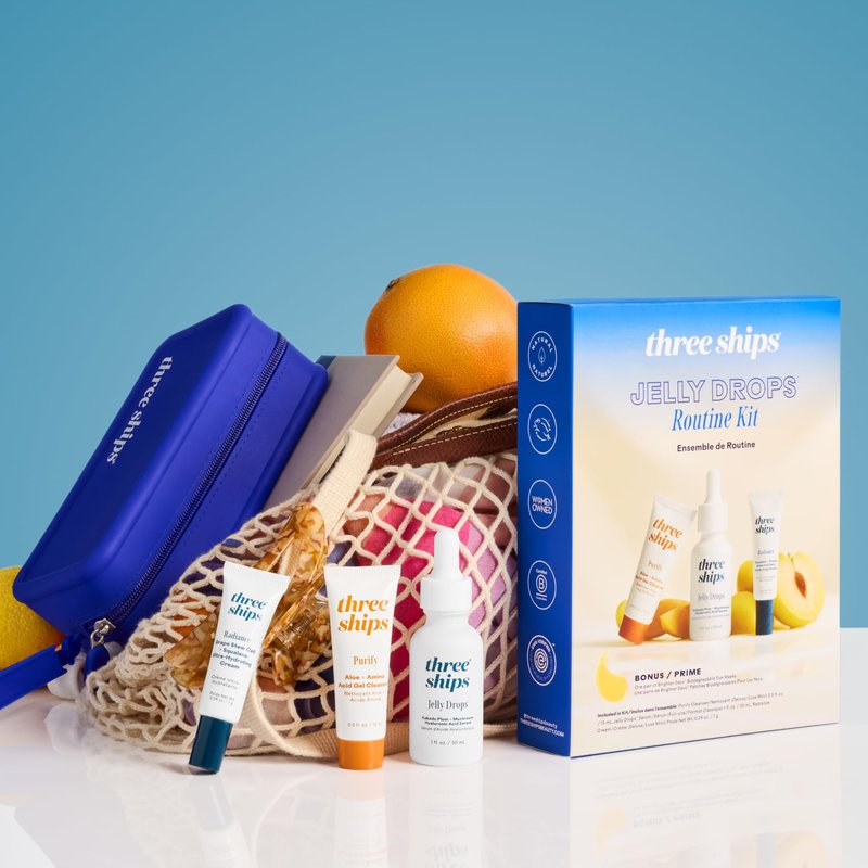 Three Ships - Jelly Drops Routine Beauty Kit | Jelly Drops (30mL), Purify Gel Cleanser (10mL), Radiance Hydrating Cream (7g)