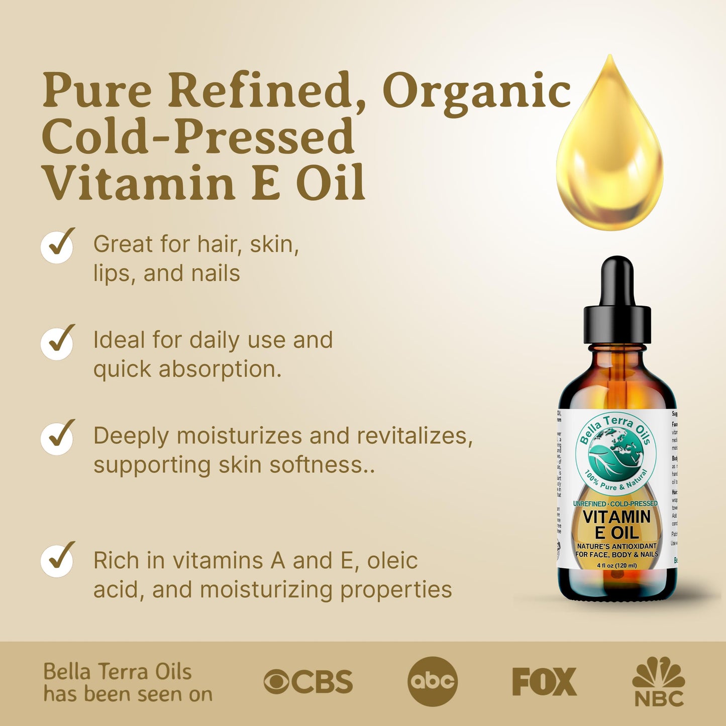 Bella Terra Oils Natural Vitamin E Oil 8oz – Moisturizing Wheat Germ Oil for Face, Body & Hair Care