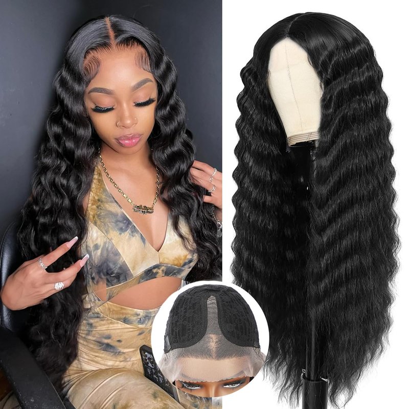 Civrie 30 Inch Long Curly Synthetic Hair Wigs for Balck Women,13x4x1 Deep Water Wave Lace Front Wig,Simulated Scalp Natural Loose Deep Wave Crimps Curly Wig As Hair Replacement Wigs