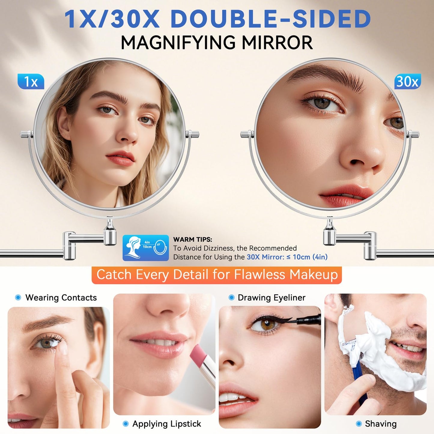 Auxmir 8'' Wall Mounted Makeup Mirror, 1X/30X Double-Sided Magnifying Mirror with Tweezer, HD Bathroom Makeup Mirror, Cosmetic Vanity Mirror with 360 Rotation Extendable Swivel Arm, Chrome