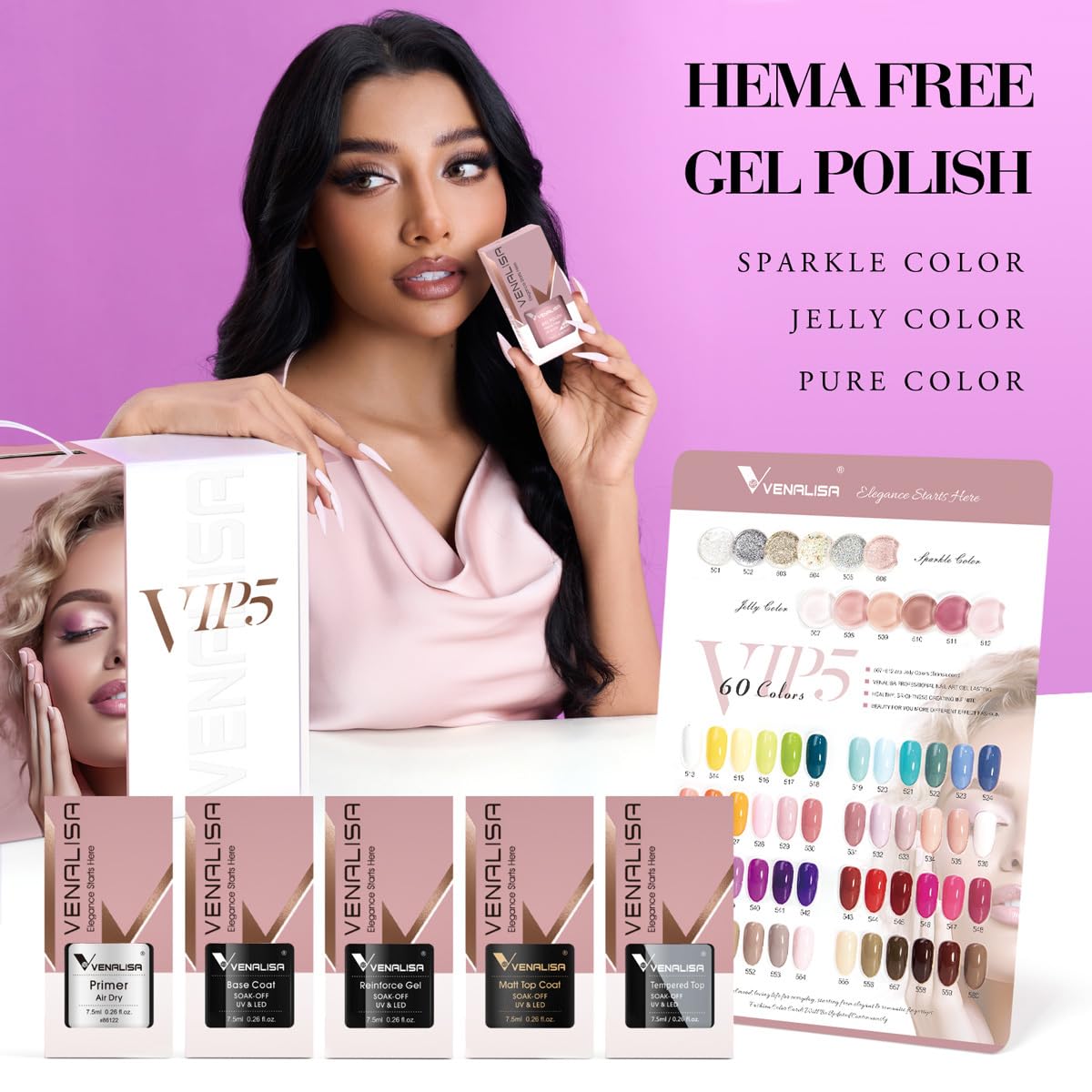VENALISA VIP4 Gel Nail Polish Kit of 65 Pcs With Color Book Red Pink Orange Green Colors Gel Polish Set Soak Off UV Gel Salon Nail Art DIY at Home Manicure