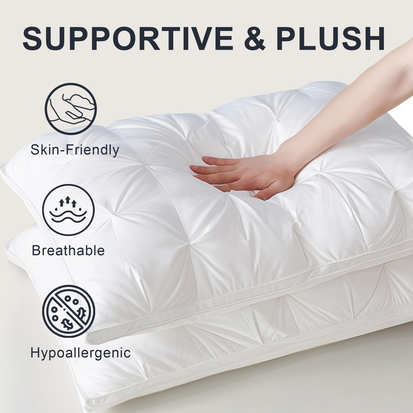 WQSPRING Support Bed Pillow Queen Size Set of 2 – Super Soft Down-Alternative Filling with Cotton Cover, Hotel Quality for Side Sleepers, Breathable & Oeko-TEX Certified