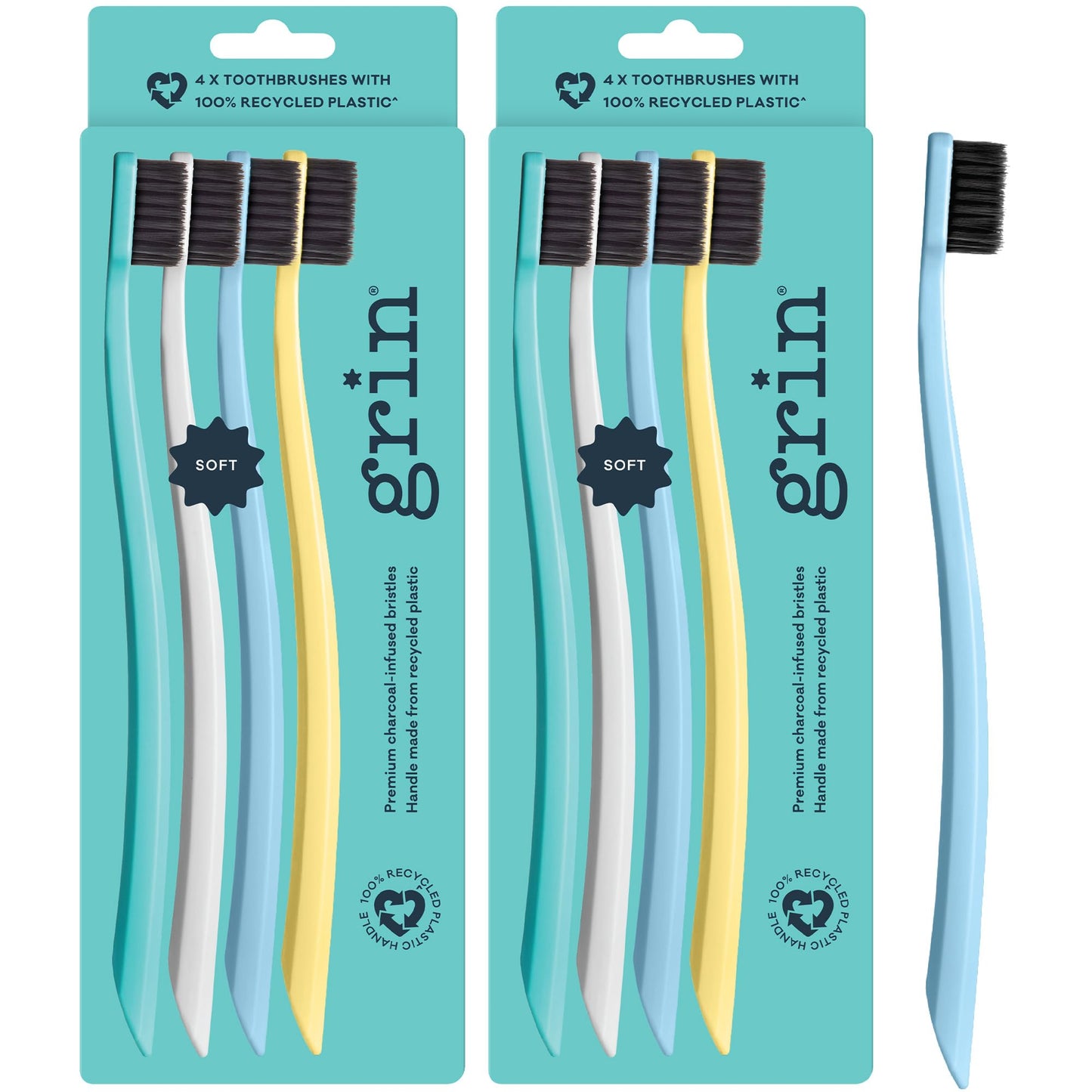 Grin Extra Soft Toothbrushes for Adults – Travel Toothbrush Set with Charcoal Infused Bristles – Manual Full Mouth Brush Head for Whitening & Gum Care – 8 Count (Pack of 2), Summer Beach
