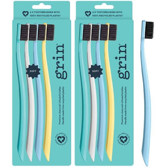 Grin Extra Soft Toothbrushes for Adults – Travel Toothbrush Set with Charcoal Infused Bristles – Manual Full Mouth Brush Head for Whitening & Gum Care – 8 Count (Pack of 2), Summer Beach