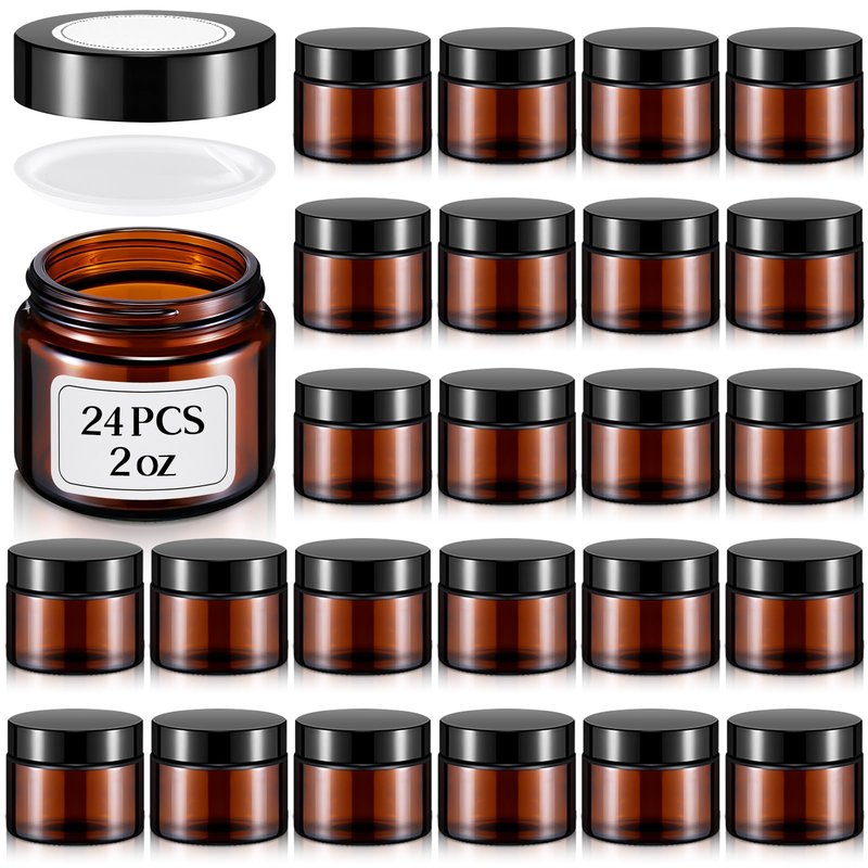 Layhit 24 Pcs 2 oz Glass Jars with Lids Bulk, Small Jars Containers Travel Storage Jar with Inner Liners Labels for Lotions, Cream, Lip Balm (Amber,Black Lid)