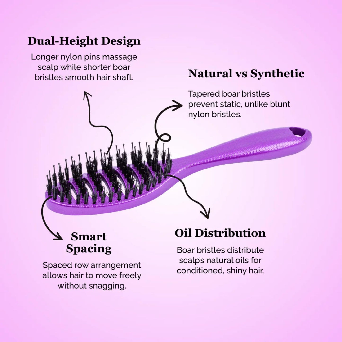 HAPPY HAIR Happy Detangler Mini Brush with Boar Bristles & Nylon Pins | Designed by Women to Detangle & Smooth Thick, Fine or Curly Hair | Pain-Free Slick Back Brush, Compact & Lightweight (Purple)