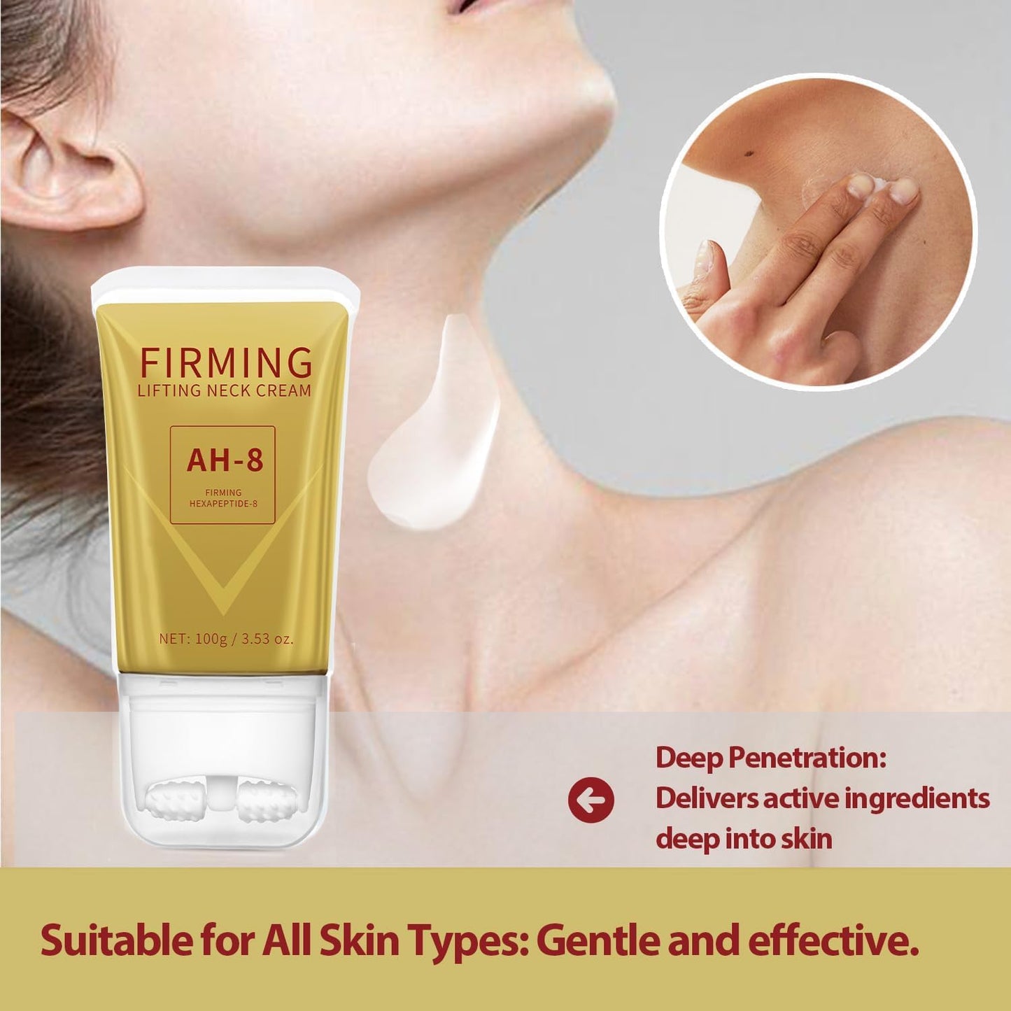 Mtmult AH-8 Firming Neck Cream - Anti-Aging Neck Tightening Cream with Roller Applicator - Reduces Sagging Skin & Fine Lines - Hydrating for Dry Winter Skin - For Women & Men (2PC)