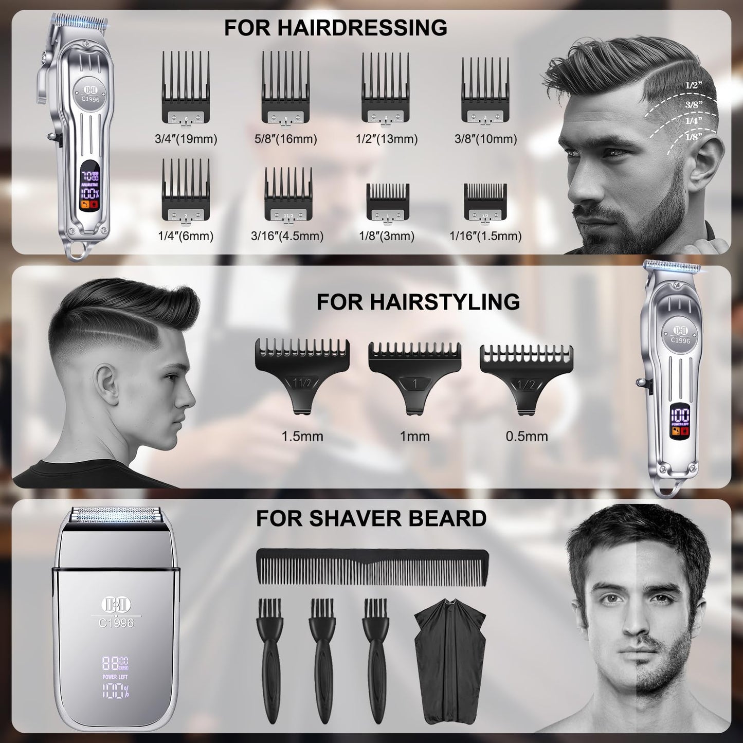 CIICII Hair Clippers for Men Professional, Cordless Barber Clippers for Hair Cutting (12Pcs Rechargeable USB Adjustable LCD Display Hair Beard Grooming Trimming Haircut Kit) for DIY Home Barber Salon