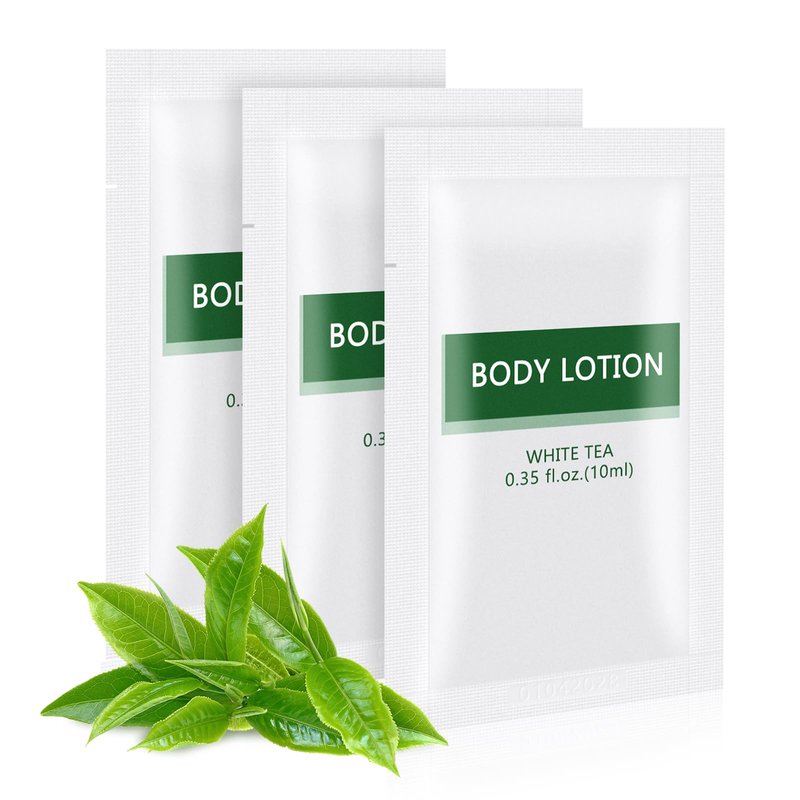 HQSLsund Travel Size Body Lotion Bulk Individually Wrapped - 200 Pack Refreshing Mini Lotion Single Use Supplies for Homeless Care Hotel Guests, White Tea Scent, 0.35 fl oz/10ml
