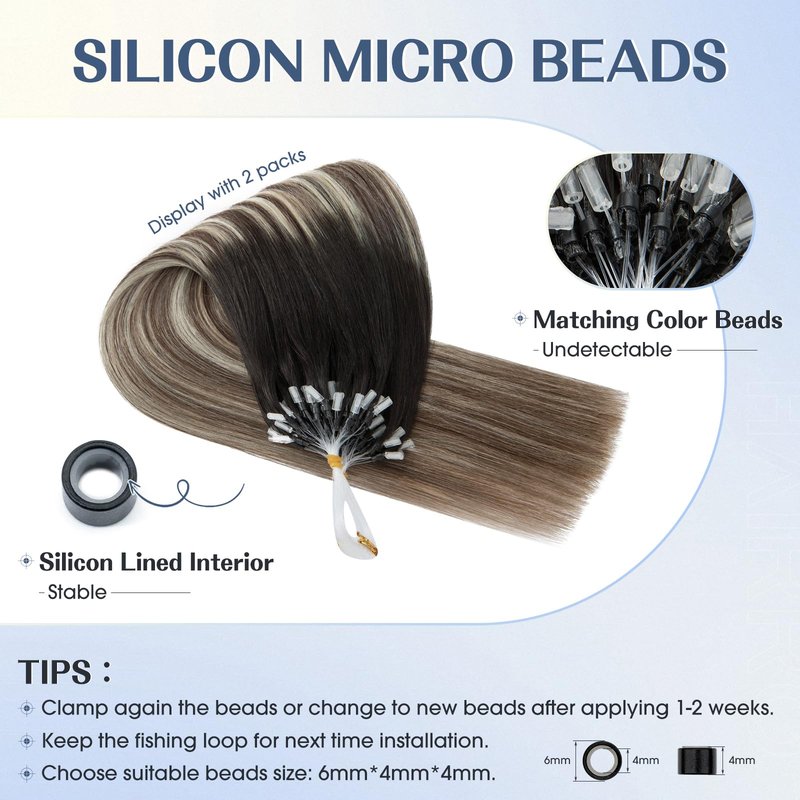 Hairro Micro Loop Hair Extensions Human Hair Microlinks Microbeads Remy Hair For Women Ombre Highlights Pre Bonded Cold Fusion Micro Bead In Hair 14 Inch 50g 50 Strands #1BT4P60